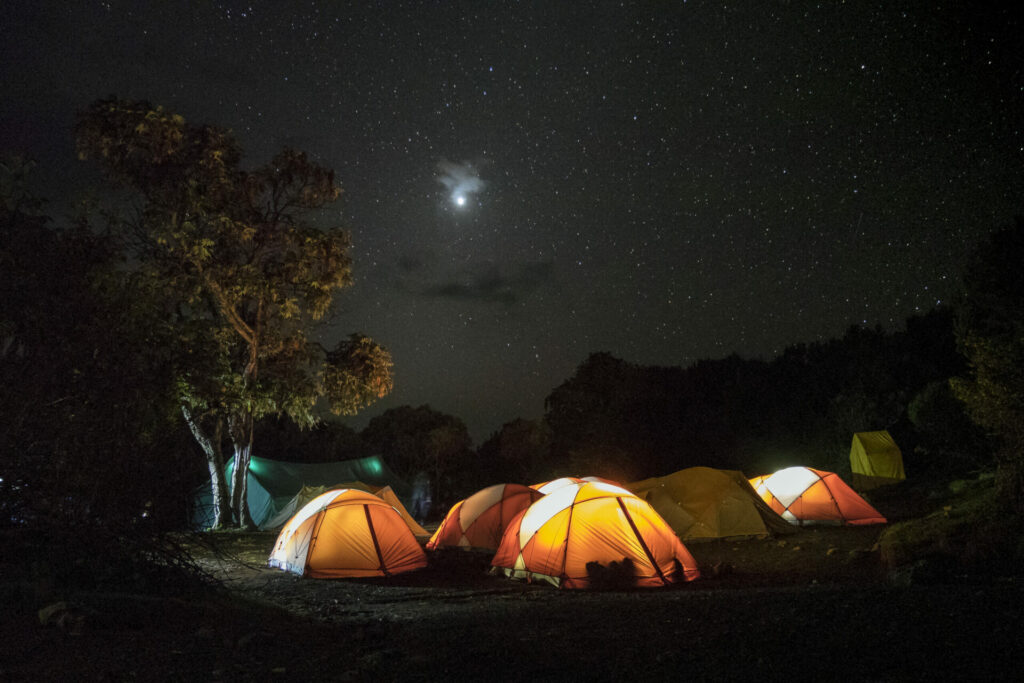 Illuminated tents on Kilimajaro, Marangu route, Tanzania